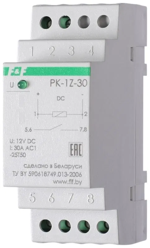 Реле промежуточное PK-1Z-30 (монтаж на DIN-рейке 35мм 12В DC 30А 1Z IP20) F&F EA06.001.018 Евроавтоматика F&F