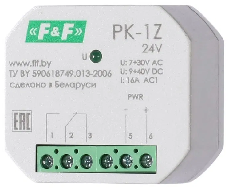 Реле промежуточное PK-1Z/24 7-30 AC 9-40 DC 16А для установки в монтажную коробку d60мм 1NO/NC IP20 F&F EA06.001.046 Евроавтоматика F&F