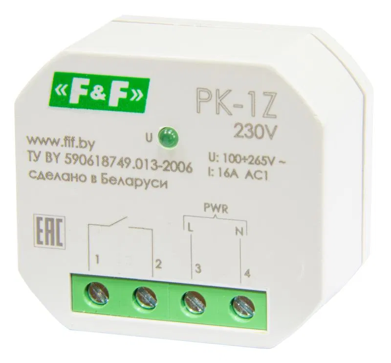 Реле промежуточное PK-1Z-230 (100-265 AC/DC 16А 1NO/NC для установки в монтажную коробку d60мм) F&F EA06.001.047 Евроавтоматика F&F