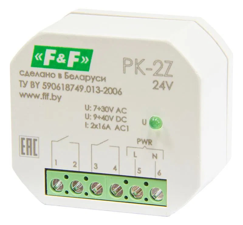 Реле промежуточное PK-2Z/24 7-30 AC 9-40 DC 16А для установки в монтажную коробку d60мм 2NO IP20 F&F EA06.001.048 Евроавтоматика F&F