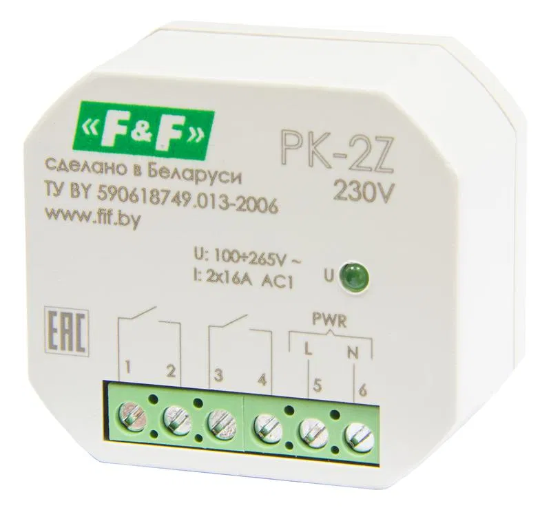 Реле промежуточное PK-2Z-230 100-265В AC/DC 16А 2NO/NC для установки в монтаж. коробку d60мм IP20 F&F EA06.001.049 Евроавтоматика F&F