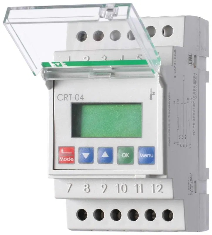 Регулятор температуры CRT-04 (от 0 до +60 град.C; микропроцессорный; многофункц.; ЖКИ индикация; с выносным датчиком в комплекте; монтаж на DIN-рейке 35мм 230В AC 16А 1P IP20) F&F EA07.001.009 Евроавтоматика F&F