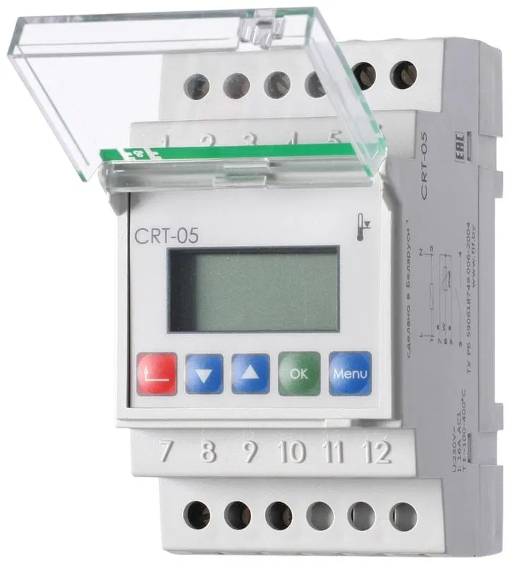 Регулятор температуры CRT-05 (от -100 до +400 град.C; микропроцессорный; многофункц.; ЖКИ индикация; с возможностью подкл. выносного датчика РТ100; монтаж на DIN-рейке 35мм 230В AC 16А 1P IP20) F&F EA07.001.010 Евроавтоматика F&F