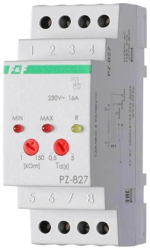 Liquid level relay PZ-827 (without sensors; Single- or dual-level relay; adjustable sensitivity; adjustable switching delay; 2 modules; DIN rail mount) F&F EA08.001.013 Euroautomatika F&F