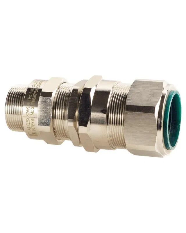 Explosion-proof cable entry M32x1.5 with seal for armored power cable d ext. 17-25.9mm d ext. 23.7-33.9mm M32x1.5 6g 1ExdIIC Gb X / 1ExeII Gb X IP66/67/68 and brass nut Extherm 32AK 05