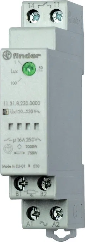 Modular photocell with photocell 011.02 rail mounting 35mm 1NO 16A 24V AC/DC 1…100lux 17.5mm photocell IP20/photocell IP54 FINDER 113100240000
