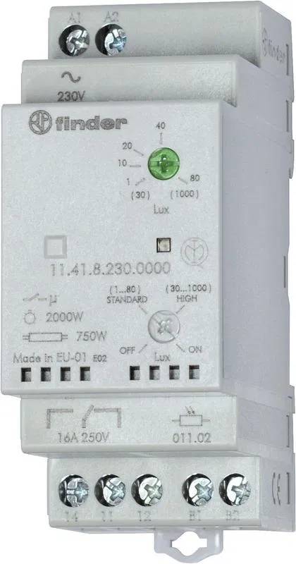 Modular photo relay with photocell 011.02 DIN rail mounting 35mm 1CO 16A 230V AC 1…80lux 30…1000lux 35mm photo relay IP20/photocell IP54 FINDER 114182300000