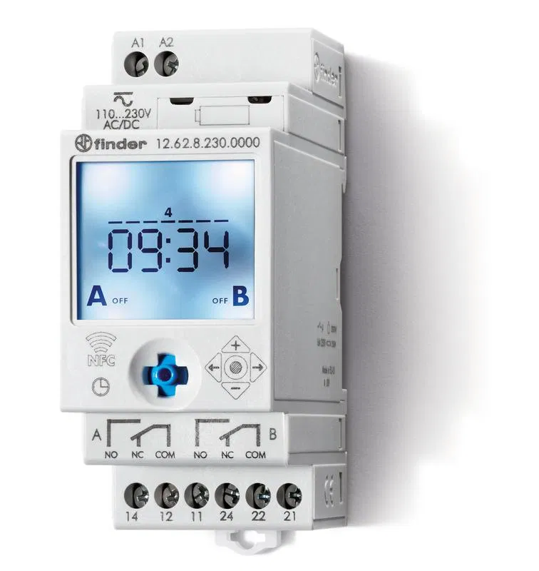 Digital weekly time relay 16A 110…230V AC/DC 1CO NFC 35mm IP20 35mm rail mounting FINDER 126282300000