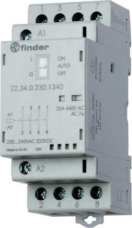 模块式接触器 4NO 25A AgSnO2 230V AC/DC 35mm IP20 选项：自动-开启-关闭开关 + 机械指示器 + LED FINDER 223402304340