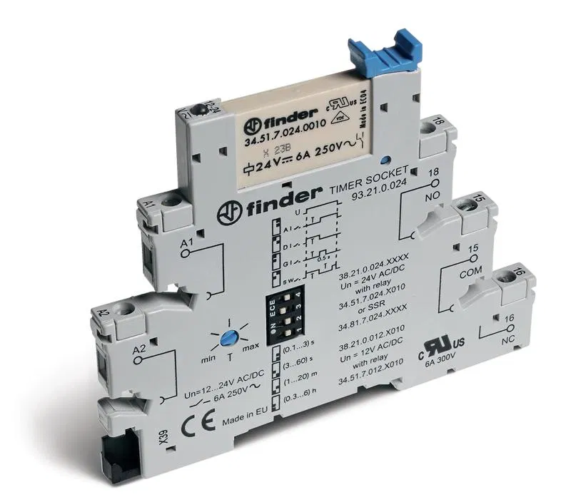 Interface module (assembly 34.51.7.024.0010 + 93.21.0.024) electromechanical relay with timer (multifunctional: AIDIGISW) 1CO 6A AgNi 24V AC/DC IP20 screw terminals FINDER 382100240060