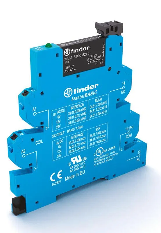 Interface module (assembly 34.81.7.024.8240 + 93.60.7.024) solid state relay MasterBASIC output 2A (240V AC) 24V DC IP20 push-in terminals FINDER 390070248240
