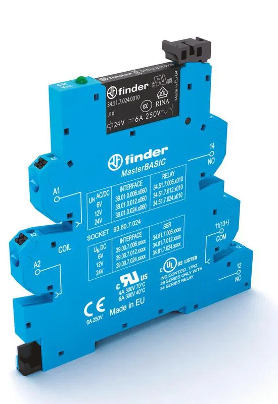 接口模块 (组件 34.51.7.024.0010 + 93.60.7.024) 机电继电器 MasterBASIC 1CO 6A 24V AC/DC IP20 无螺钉 Push-in 端子 FINDER 390100240060