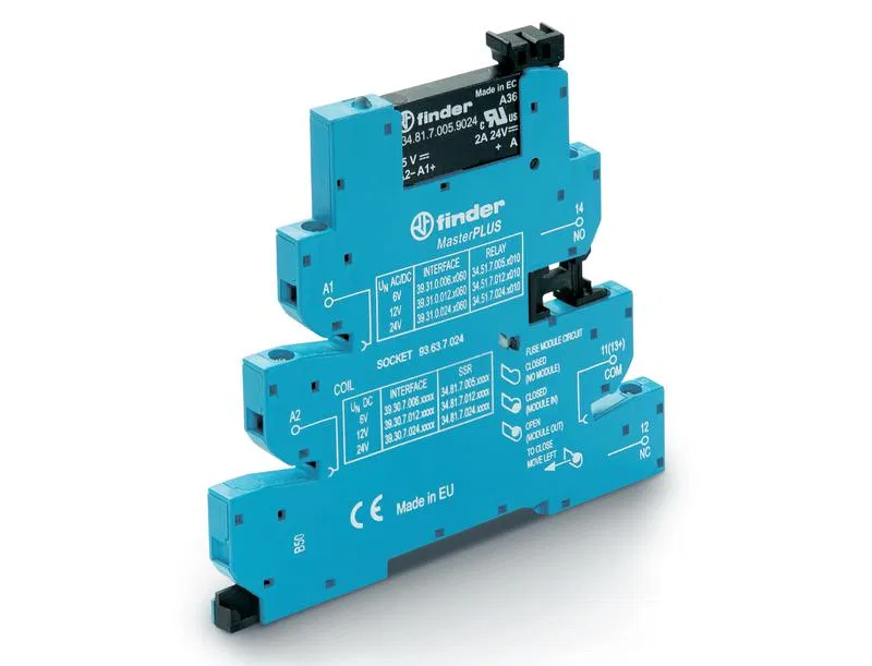接口模块 (组件 34.81.7.024.9024 + 93.63.7.024) MasterPLUS 固态继电器 输出 6A (24V DC) 24V DC IP20 螺钉端子 FINDER 393070249024
