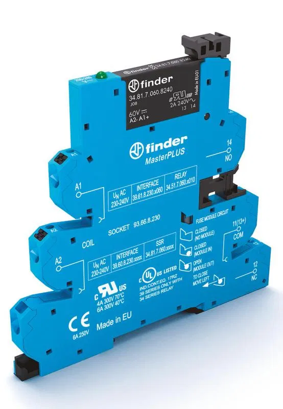 接口模块 (组件 34.81.7.024.9024 + 93.66.0.240) MasterPLUS 固态继电器 输出 6A (24V DC) 24-240V AC/DC IP20 无螺钉 Push-in 端子 FINDER 396002409024