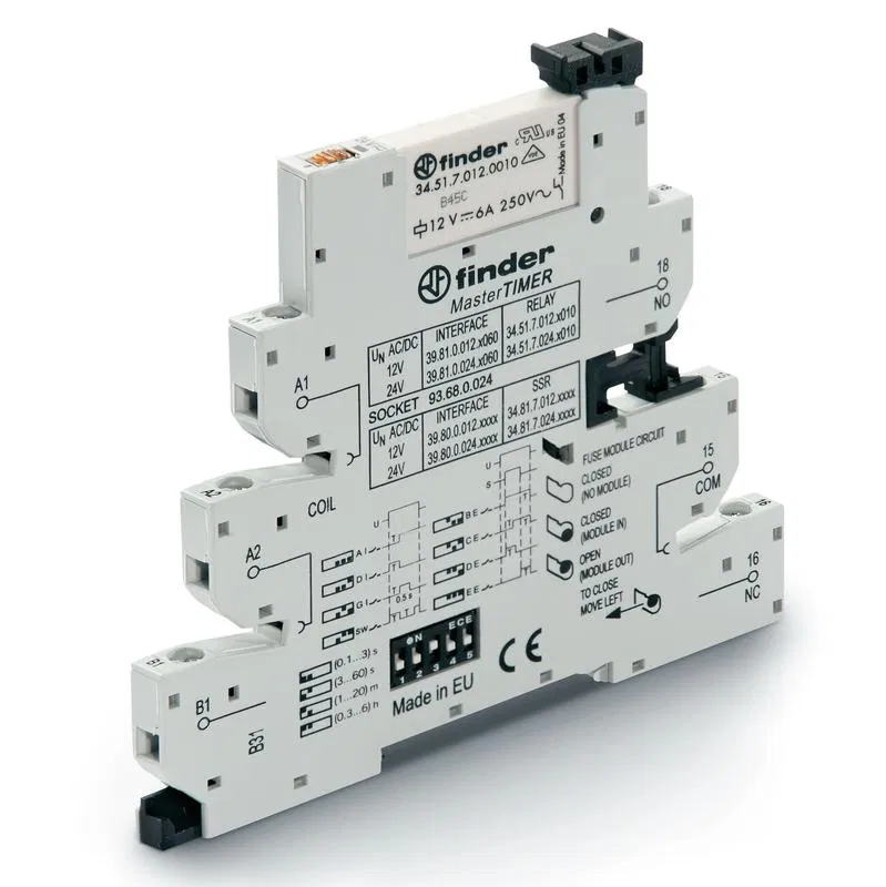 Interface module electromechanical relay with timer MasterTimer (multifunction: AI DI GI SW BE CE DE EE) 1CO 6A AgNi 24V AC/DC IP20 screw terminals FINDER 398100240060