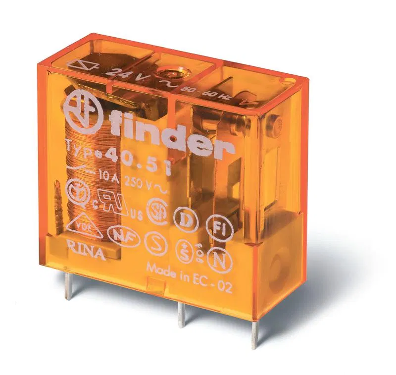 微型通用电磁继电器，可安装于印刷电路板或插座，引脚间距 5mm，1CO 10A AgNi 24V DC RTII FINDER 405190240000