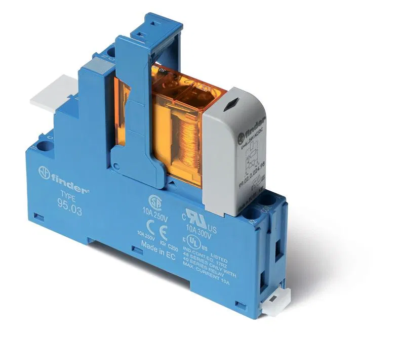 Interface module (assembly 40.31.8.230.0000 + 99.02.0.230.98 + 95.03SPA) electromechanical relay 1CO 10A AgNi 230V AC IP20 screw terminals plastic clip LED + varistor FINDER 483182300060SPA