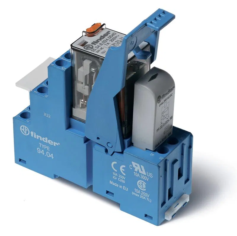 Interface module (assembly 55.34.8.120.0040 + 99.02.0.230.98 + 94.04SPA) electromechanical relay 4CO 7A AgNi 120V AC IP20 screw terminals plastic clip LED + varistor FINDER 583481200060SPA