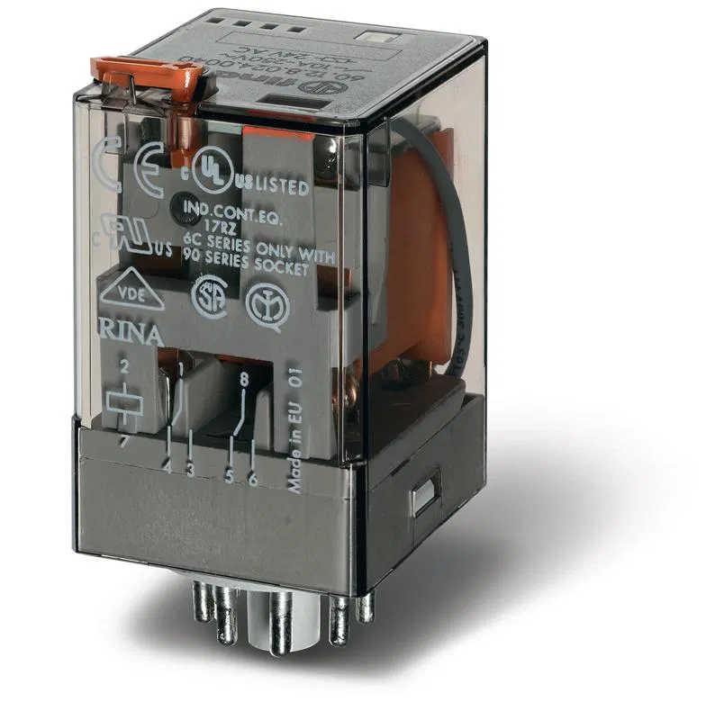 Реле универсальное электромеханич. монтаж в розетку 8-штырьковый разъем 2CO 10А AgNi 125В AC RTI опции: кнопка тест + мех.индикатор FINDER 601281250040