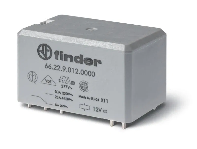 Electromechanical power relay PCB mount split terminals 2NO 30A AgCdO 120V AC RTII UHL4 FINDER 662281200300
