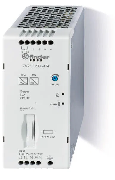 Switching power supply input 110...250V AC/DC / output 24V DC 240W 60mm option: additional contact Pre-alarm IP20 FINDER 782E12302415