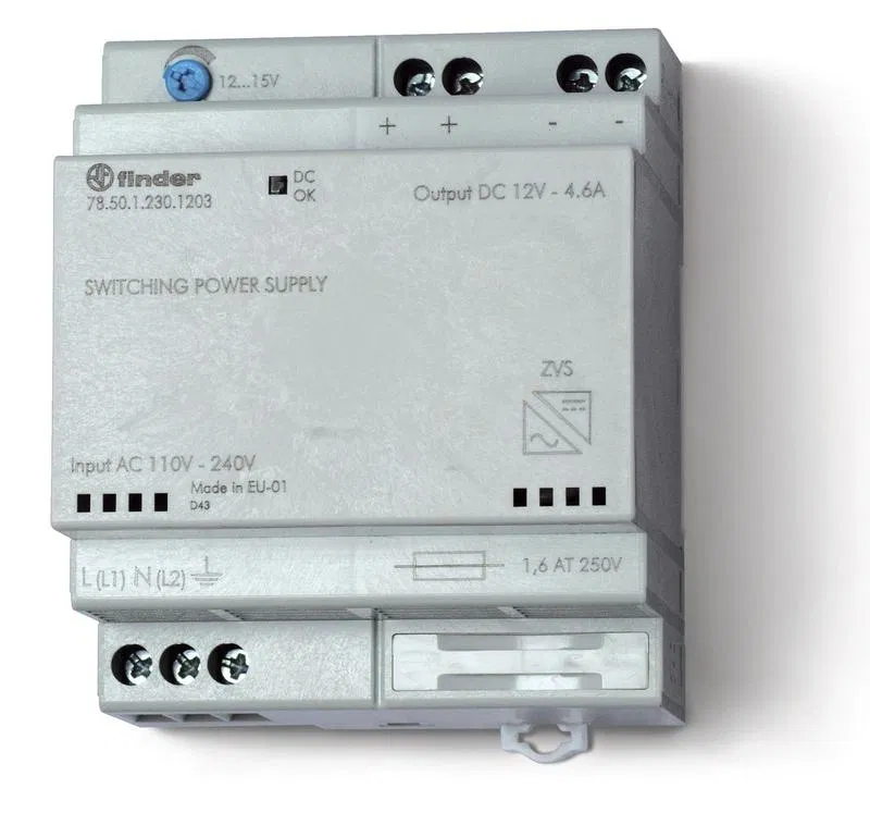 Switching power supply input 110...240V AC / output 12V DC 50W modular 70mm input circuit fuse output voltage adjustment IP20 FINDER 785012301203