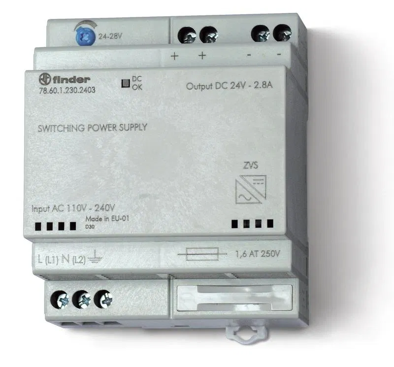 Switching power supply input 110...240V AC / output 24V DC 60W modular 70mm input circuit fuse output voltage adjustment battery charger IP20 FINDER 786112302403