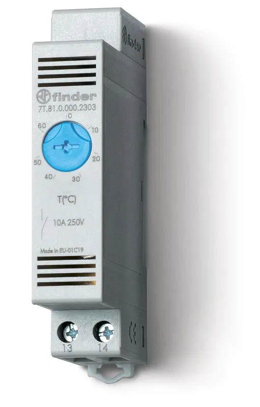 面板式温控器，用于开启冷却功能，温度范围 0…+60℃；1NO 10A 模块化 17.5mm IP20 FINDER 7T8100002303