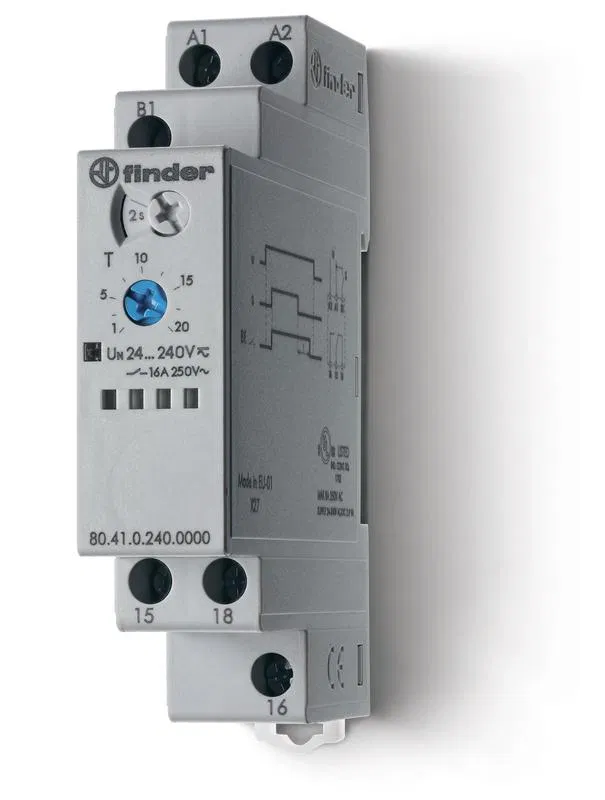 单功能模块式定时器 (ВЕ) 24…240В AC/DC 1CO 16А 17.5mm 0.1s…24h IP20 FINDER 804102400000