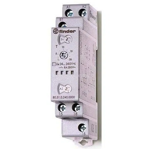 多功能模块式定时器 (AI DI SW BE CE DE) 24…240V AC/DC 1CO 8A 17.5mm 时间调节 0.1s…24h IP20 FINDER 805102400000