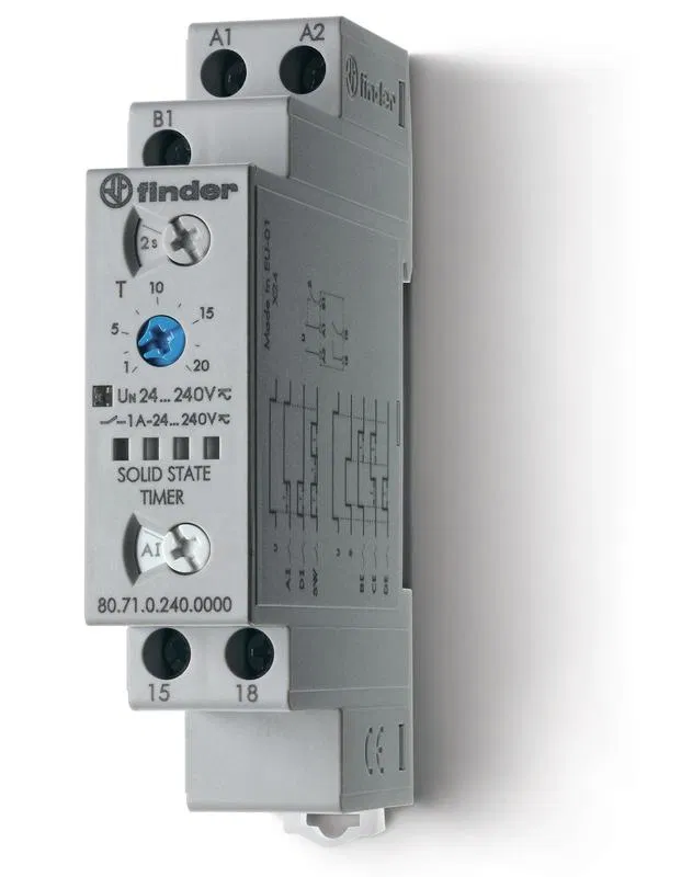 多功能模块化定时器 (AI DI SW BE CE DE) 24…240V AC/DC 输出 - 固态继电器 1NO 1A 17.5mm 时间调节 0.1s…24h IP20 FINDER 807102400000