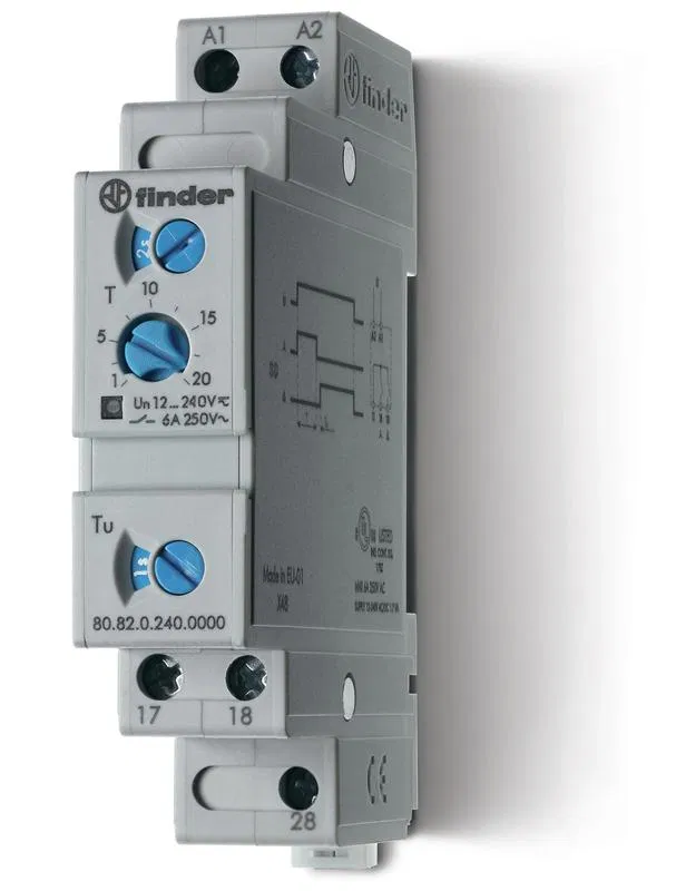 单功能模块式定时器 (SD) 24…240V AC/DC 2NO 6A 17.5mm 时间调节 0.1s…20min IP20 FINDER 808202400000