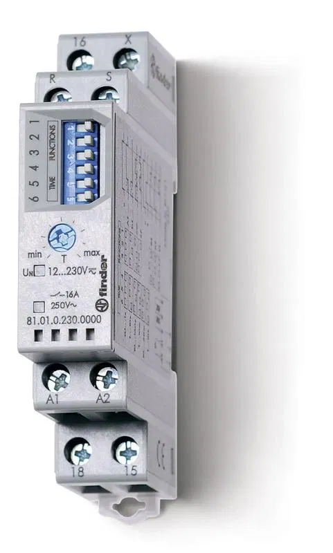 多功能模块式定时器 (AI DI SW SP BE DE EEb) 功能 SET RESET 12…240В AC/DC 1CO 16А 17.5mm 时间调节 0.1s…10h IP20 FINDER 810102300000