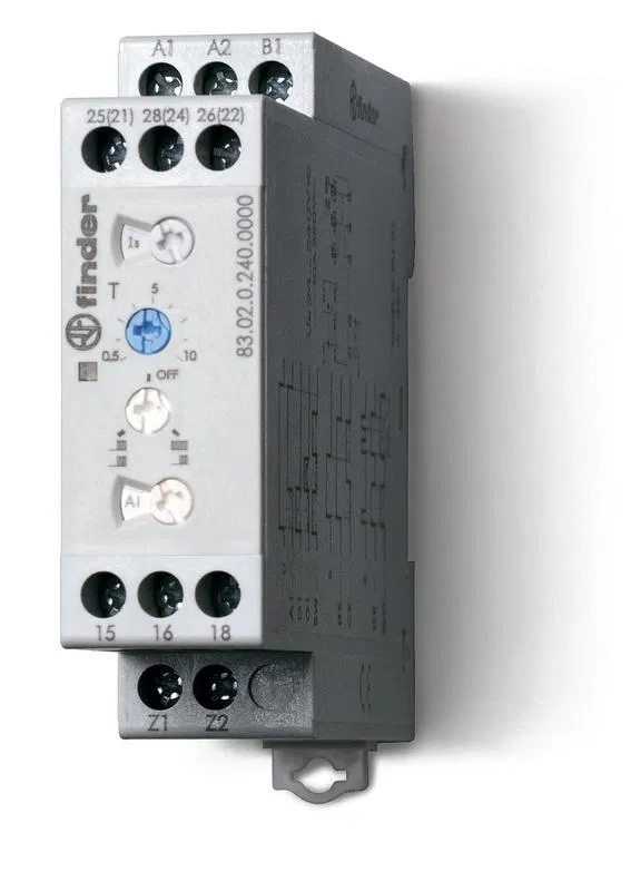 Таймер модульный мультифункциональный (AI DI SW BE CE DE WD) 24-240В AC/DC 2CO 12А 22.5мм регулировка времени 0.05с-10дней IP20 версия для ЖД-транспорта FINDER 830202400000T