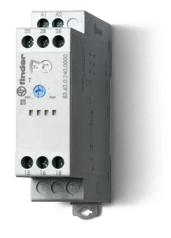 Modular timer 1-function (BI) 24…240V AC/DC 2CO 8A 22.5mm time adjustment 0.05s…180s IP20 FINDER 836202400000