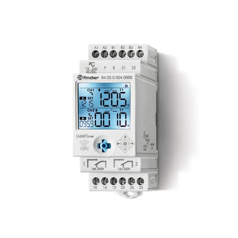 多功能电子定时器 (25种功能) 2个独立通道 1CO + 1CO (16A) 12…24V AC/DC 背光显示屏 两种编程模式：NFC 或经典模式 时间调节范围 0.1s. 至 9999h. FINDER 840200240000