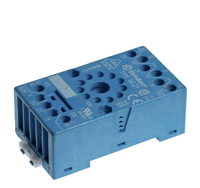 Socket with screw terminals (with cage clamp) for relay 60.13, timer 88.02, modules 99.01, includes metal clip 090.33, blue FINDER 9021SMA