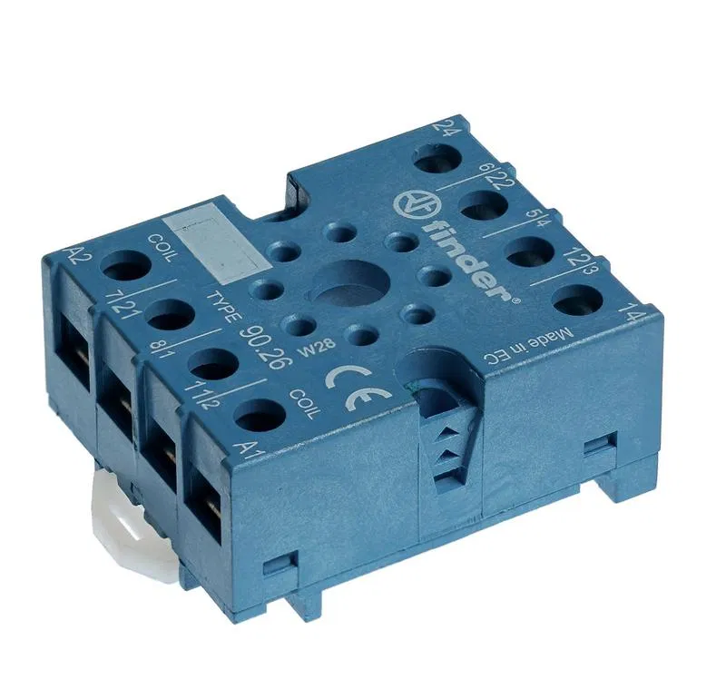 用于 60.13 继电器及 88.02 定时器插座，配 090.33 金属卡扣，蓝色 FINDER 9027SMA (螺钉式接线端子/垫圈式)