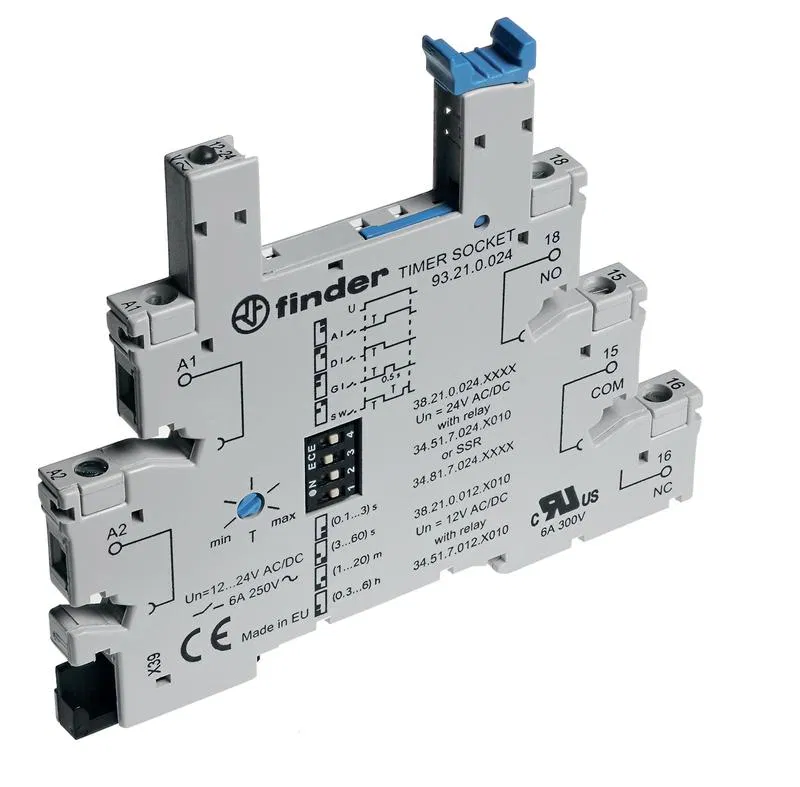 Socket with screw terminals (with cage clamp) for 34 series relays, built-in timer, multifunctional (AI DI GI SW), time adjustment 0.1s…6h, 24V AC/DC, plastic clip included, options: LED FINDER 93210024