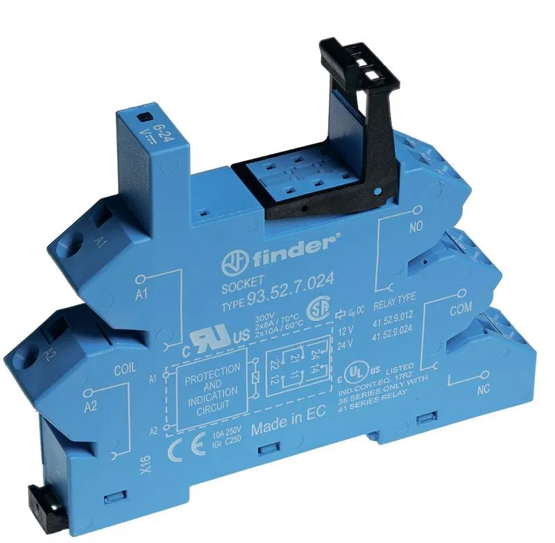 Socket with screwless terminals (spring clamp) for 41 series relay 24V DC, plastic clip included, options: LED FINDER 93527024