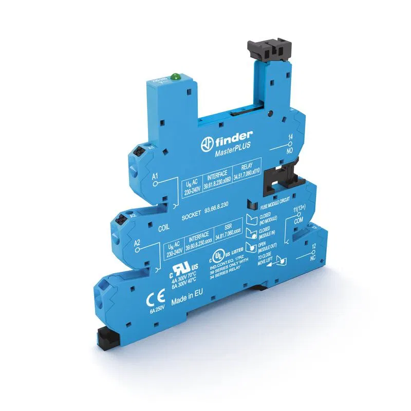 MasterPLUS socket with Push-in screwless terminals for 34 series relays 230-240V AC, plastic clip included; options: LED FINDER 93668230