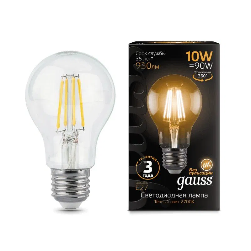 Black Filament LED filament lamp 10W A60 pear-shaped 2700K warm white E27 930lm GAUSS 102802110