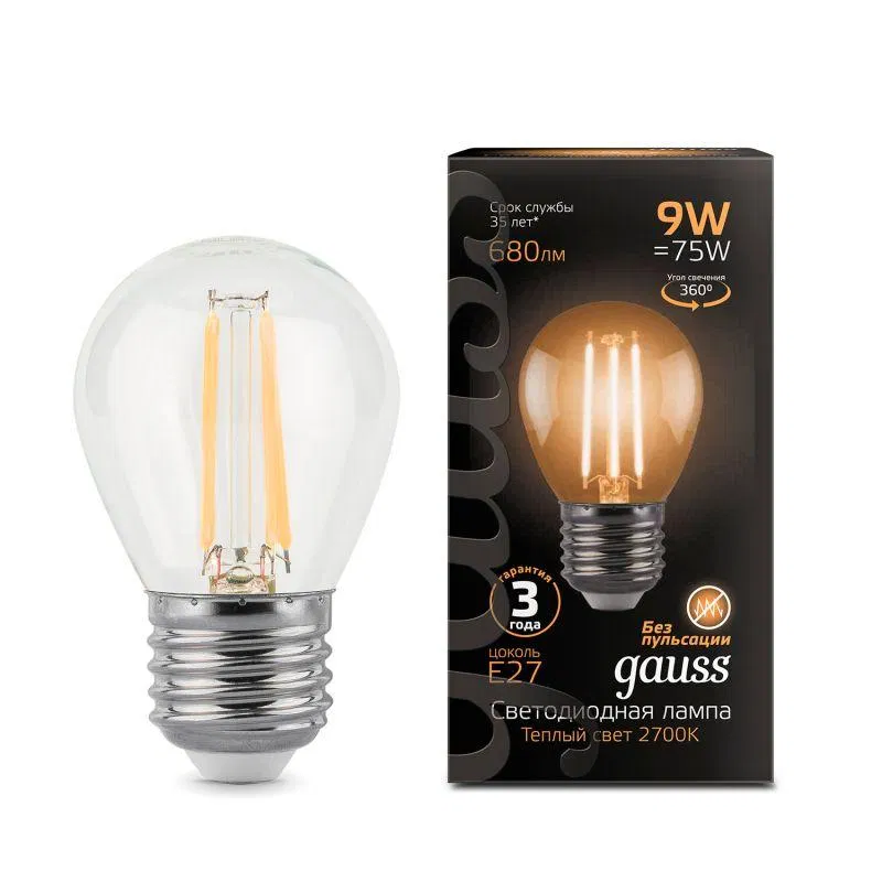 LED filament lamp Black Filament 9W P45 globe 2700K warm white E27 680lm GAUSS 105802109