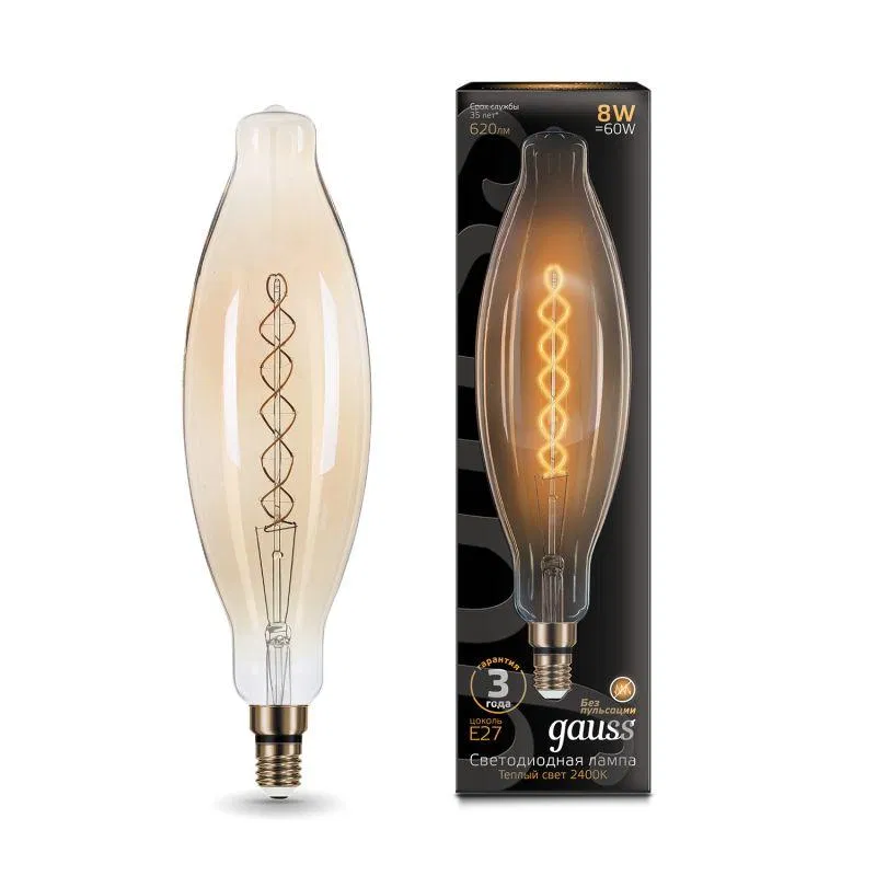 LED灯泡 菲拉门灯 Black Filament 8W T120 圆柱形金色 2400K 暖白 E27 620lm GAUSS 156802008