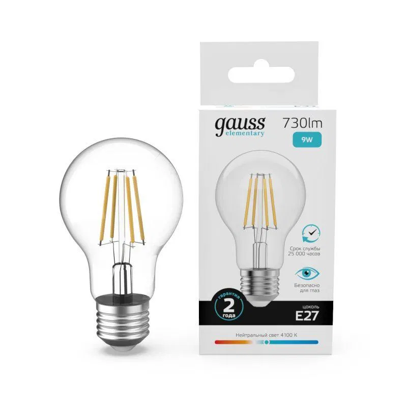 Лампа светодиодная филаментная Filament Elementary А60 9Вт 4100К Е27 730лм GAUSS 22229