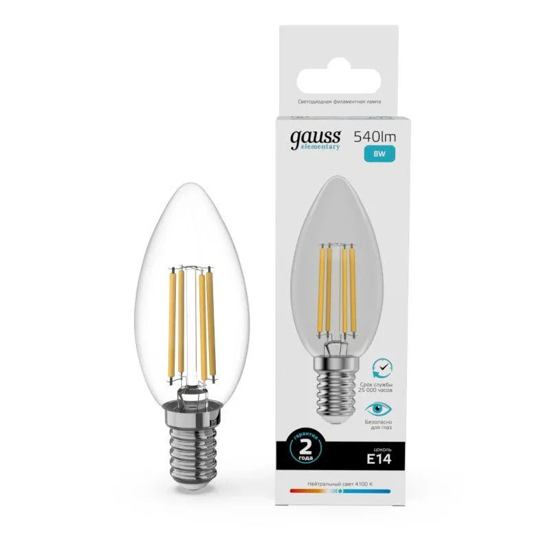 Лампа светодиодная филаментная Filament Elementary 8Вт свеча 4100К Е14 540лм GAUSS 32128