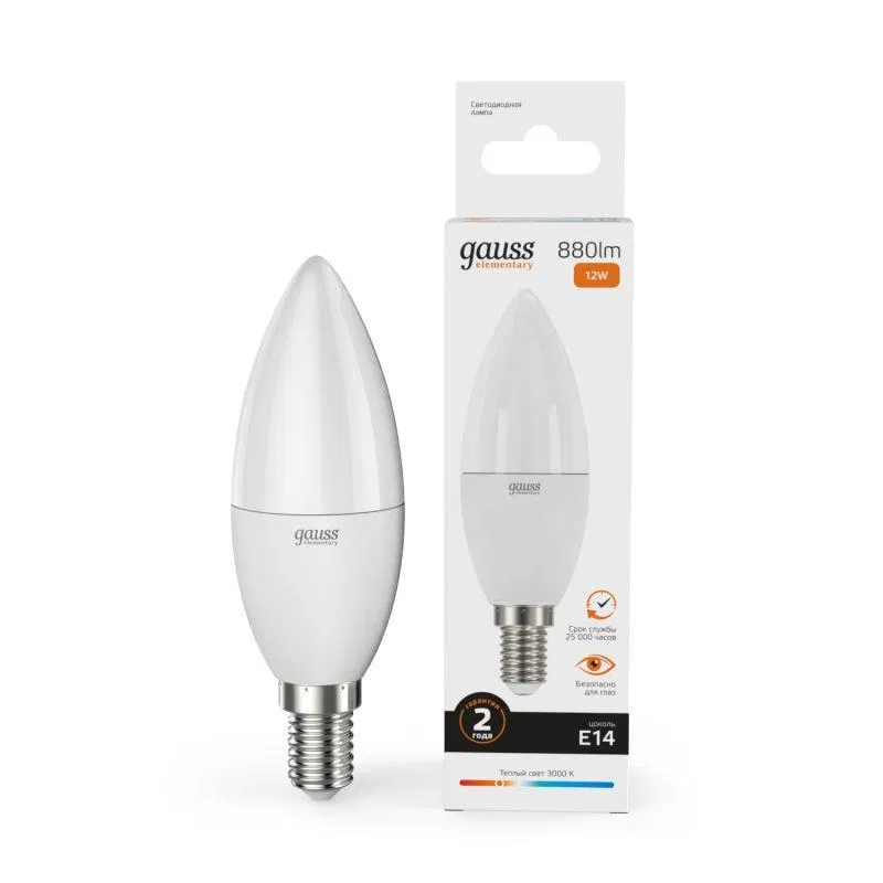 LED lamp Elementary 12W candle 3000K warm white E14 880lm GAUSS 33112