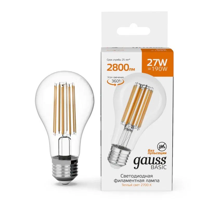 Лампа светодиодная филаментная Basic Filament А70 27Вт 2700К Е27 2800лм GAUSS 40712172