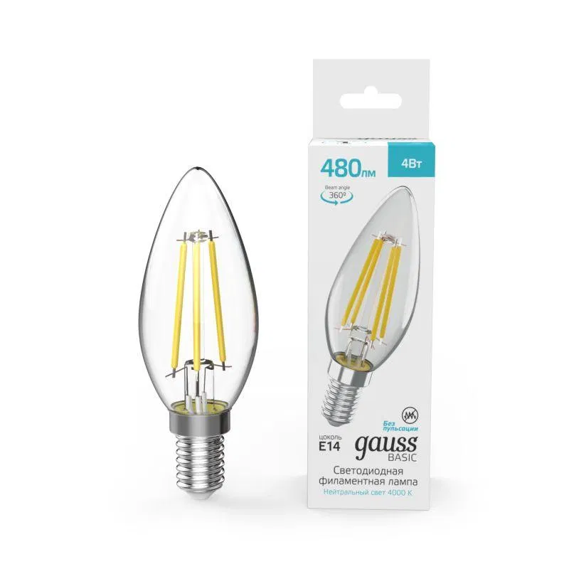 Лампа светодиодная филаментная Basic Filament 4Вт Свеча 4000К E14 480лм GAUSS 50312242