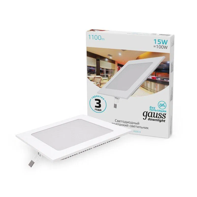 Slim LED luminaire 15W 4000K IP20 1100lm 220-240V Double-sided square white GAUSS 940111215